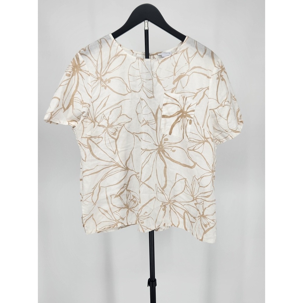 Liz Claiborne Womens XL Linen Blend Floral Short Sleeve Top Tan White Blouse